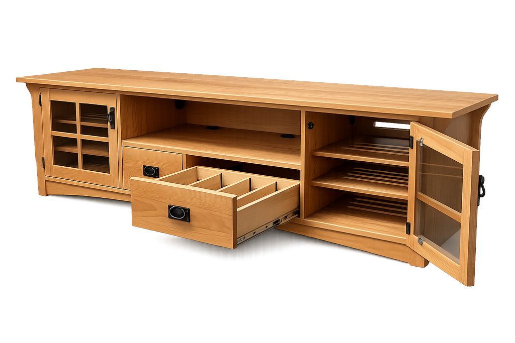 Pennington solid wood media console with drawers open